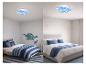 Zwei Schlafzimmer mit Deckenleuchten im Erd-Design, eines mit Einzelbett und Dinosauriern, das andere mit Doppelbett.