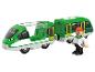 Grüner zweiteiliger Spielzeugzug mit einer menschlichen Figur