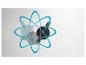 Abstraktes Bild mit blauen Umlaufbahnen und schwarzen, grauen Formen, die Atomen ähneln.