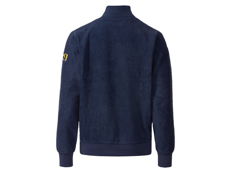 Ein dunkelblauer Fleece-Pullover mit Stehkragen.