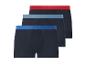 Drei Herren-Boxershorts mit blauem, hellblauem und rotem Bund.