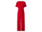 Roter Kurzarm-Jumpsuit mit V-Ausschnitt und Bindegürtel an der Taille.