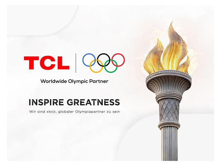 Olympische Fackel mit Text: „Inspire Greatness“ und „Worldwide Olympic Partner“.