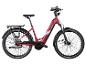 Rotes E-Citybike mit Tiefeinsteigerrahmen, Gepäckträger und Schutzblechen.