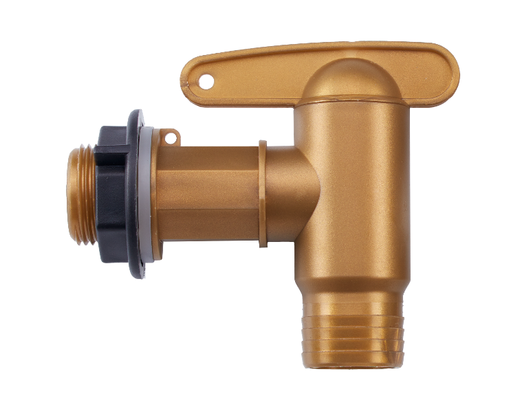 Goldfarbener Plastikhahn mit Anschlüssen.