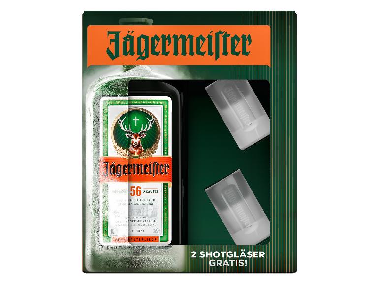 Jägermeister Kräuterlikör in Geschenkbox mit 2 Shotgläsern.