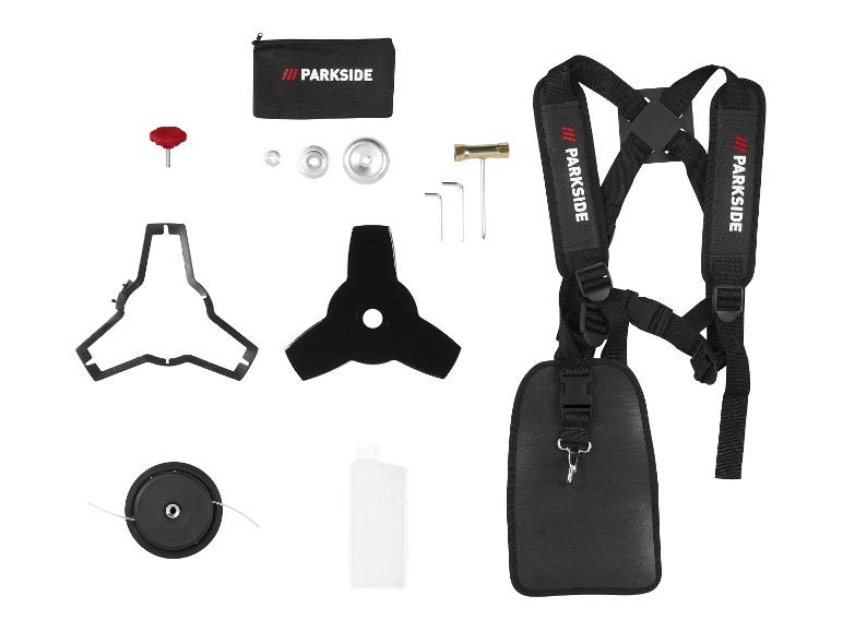 Parkside Zubehör für Freischneider: Tragegurt, Fadenkopf, 3-Zahn-Messer und Werkzeugset.