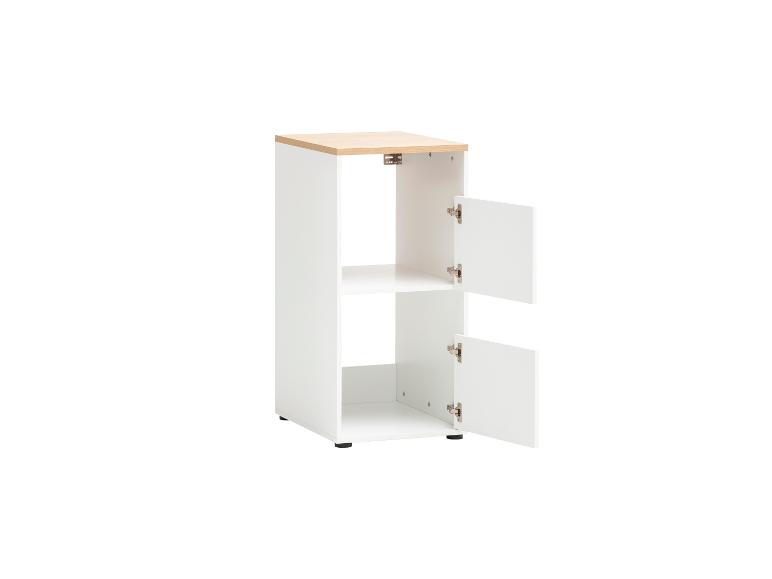 Weißer Aufbewahrungsschrank mit Holzplatte und zwei offenen Türen