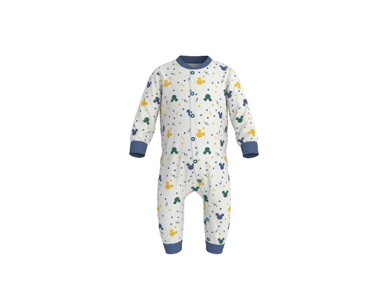 Weißer Baby-Strampler mit bunten Micky-Maus-Kopfmustern und blauen Bündchen