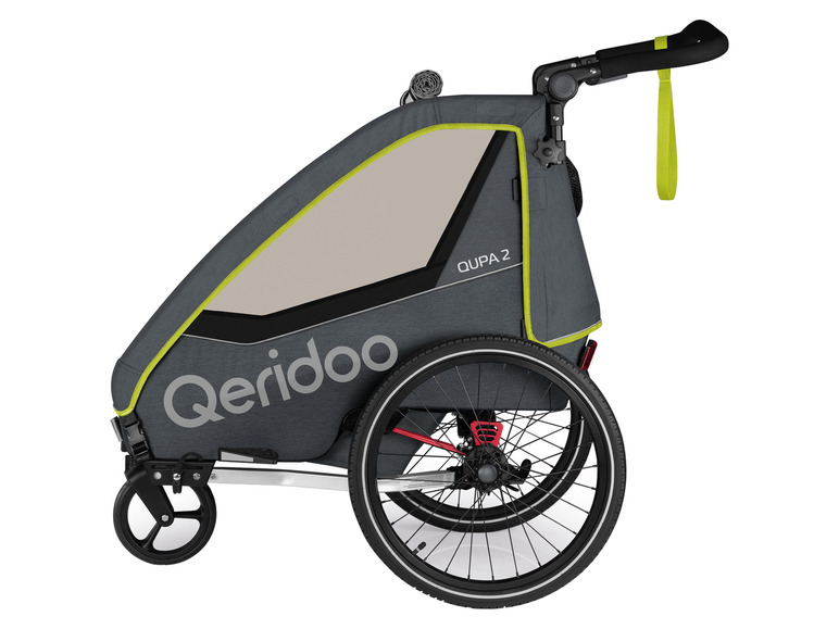 Ein Qeridoo Qupa 2 Fahrradanhänger in Grau mit gelben Akzenten.