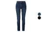 Dunkelblaue Damen-Jeans mit hoher Taille und zwei Farbmusterkreisen an der Seite.