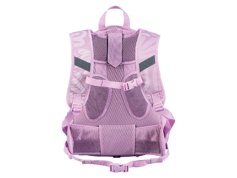Lila Kinderrucksack, Rückansicht.