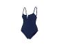 Dunkelblauer Einteiler-Badeanzug mit V-Ausschnitt und dünnen Trägern.