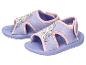 Lila Kindersandalen mit Prinzessinnen- und Schneeflockenmotiven.