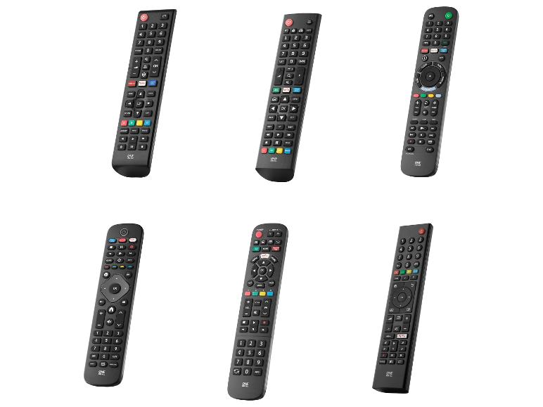 Sechs schwarze TV-Fernbedienungen mit unterschiedlichen Tastenlayouts.