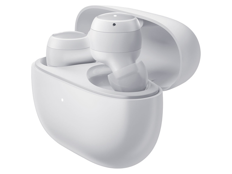 Drahtlose Ohrhörer in einem weißen Ladecase.