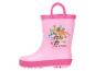 Rosa Kinder-Regenstiefel mit Dinosauriern und einem Welpen, Text 'No dinos too big, No pups too small'