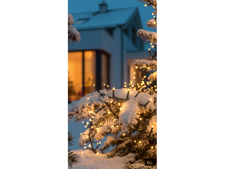Lichterkette auf verschneiten Ästen vor einem beleuchteten Haus.