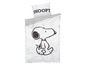 Ein Snoopy-Bettwäsche-Set mit gestreiftem Kissenbezug.