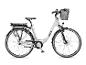 Graues E-Bike mit Frontkorb und Gepäckträger mit Akku.