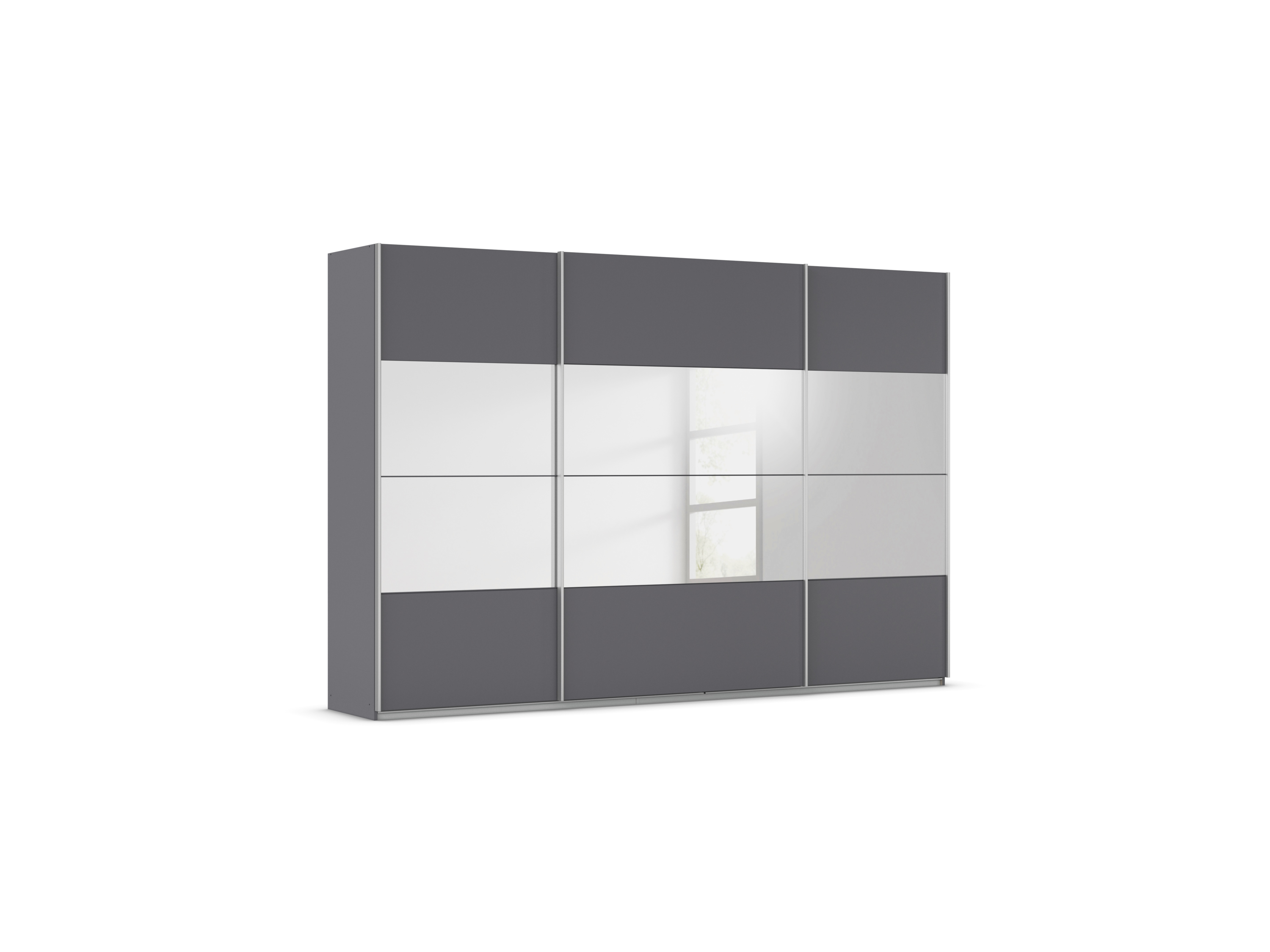 RAUCH ORANGE Quadra Schwebetürenschrank mit Spiegelelementen (Premium-Zubehör, Korpus: Graumetallic, 315 x 210 cm)