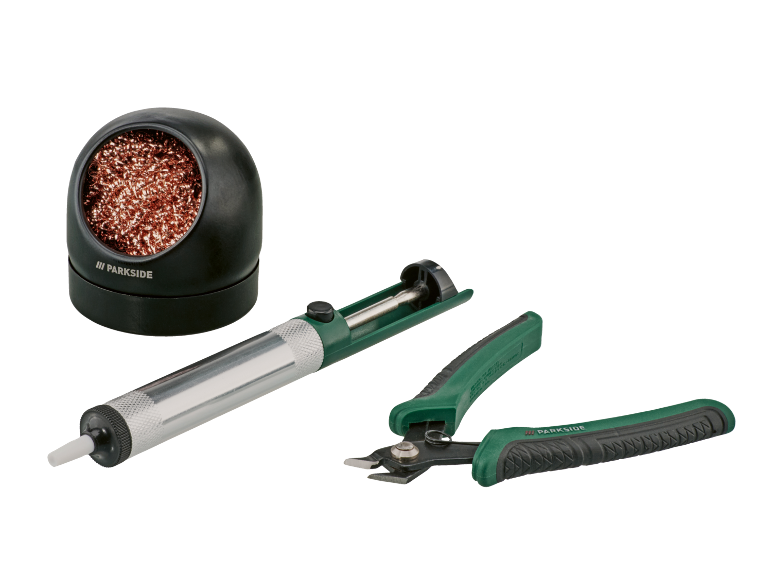 Lötwerkzeug-Set mit Spitzenreiniger, Entlötpumpe und Seitenschneider.