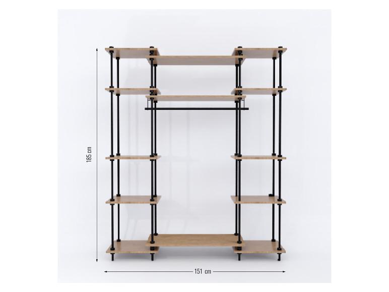 Holzkleiderschrank mit schwarzen Metallrahmen, 185 cm hoch und 151 cm breit.