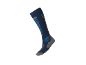 Marineblaue Skisocke mit hellblauen und grauen Details.