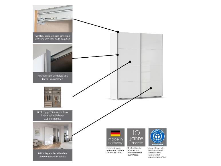 Weißer Schwebetürenschrank mit Soft-Close, Metallgriffen, Stauraum und Qualitätssiegeln.
