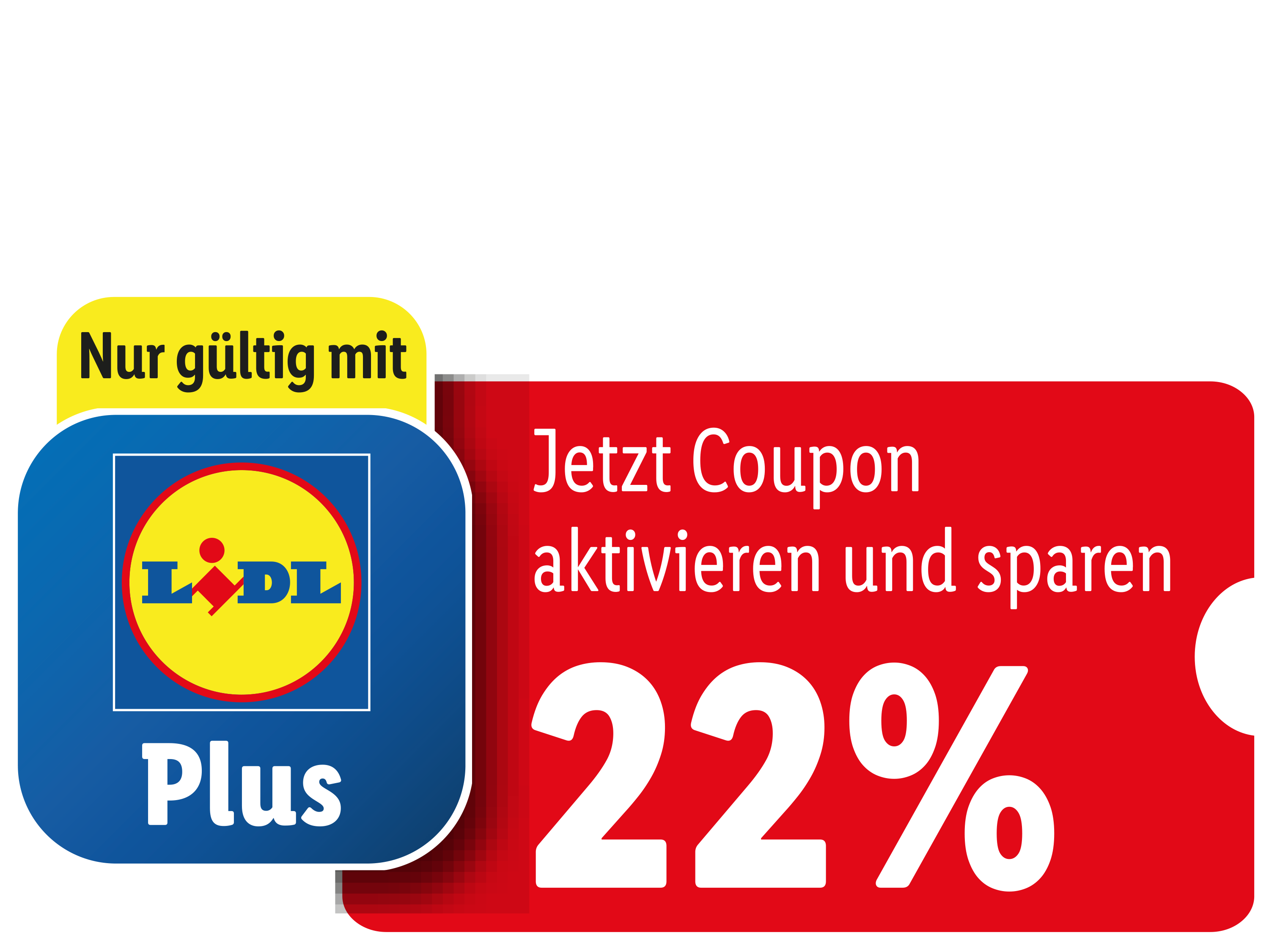 Roter Coupon mit der Aufschrift 'Jetzt Coupon aktivieren und sparen 22%' und App-Symbol.