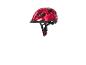 Ein roter Fahrradhelm mit Blumenmuster.