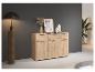 Helles Holz-Sideboard mit Schubladen und Türen, dekoriert mit Pflanzen und einer Lampe.