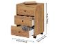 Holzfarbener Rollcontainer mit drei Schubladen und schwarzen Griffen, mit Maßen.