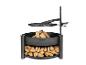 Schwarze Feuerschale mit Holzablage und verstellbarem Grillrost.