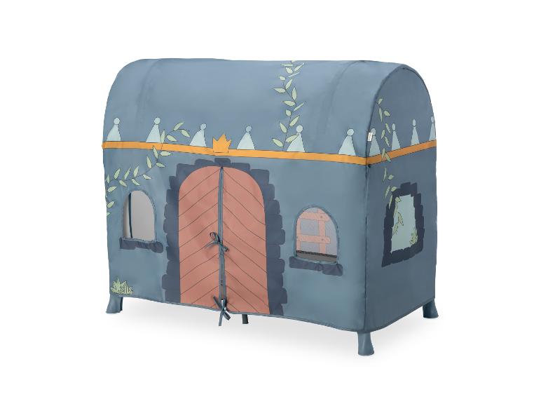 Blaues Kinderspielzelt in Form einer Burg mit braunen Türen.