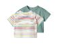 Kurzarm-T-Shirts für Babys: eines gestreift in bunten Farben und eines in Minzgrün.