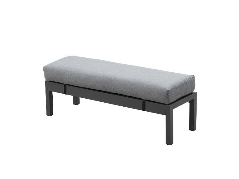 Graue Gartenbank mit schwarzem Metallrahmen