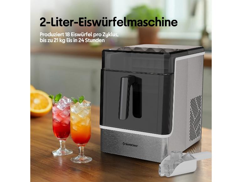 SILVERCREST® 2-Liter-Eiswürfelmaschine, produziert 18 Eiswürfel pro Zyklus.