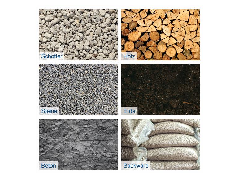 Verschiedene Baumaterialien und Brennstoffe: Schotter, Holz, Steine, Erde, Beton und Sackware.
