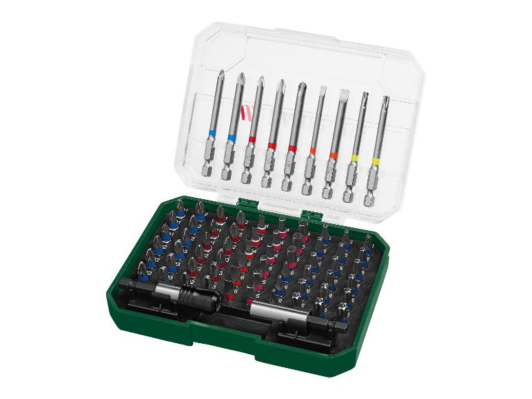 Ein Satz Schraubendreher-Bits und Zubehör in einer grünen und transparenten Box.