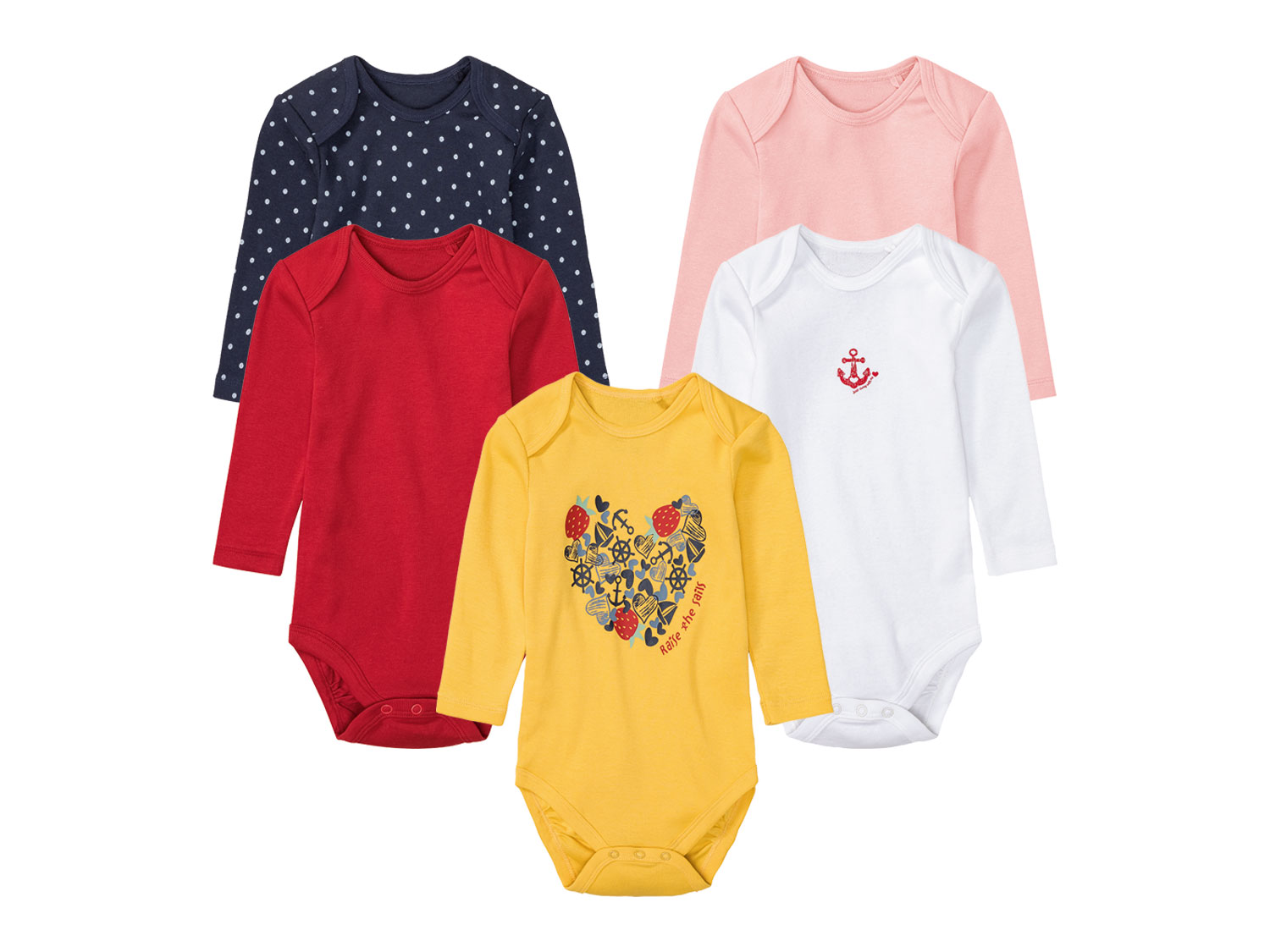 lupilu® 5 Baby Bodies langarm (62/68, weiß/gelb/rot/rosa/marine) | 04055334607834