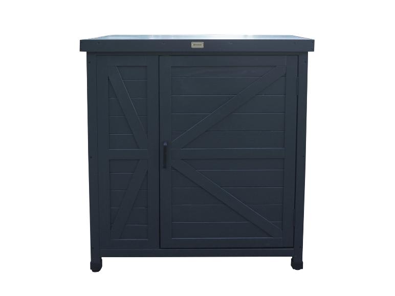 Dunkelgrauer Habau Outdoor-Aufbewahrungsschrank mit Scheunentüren.