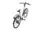 Weißes E-Bike mit Gepäckträger und Display am Lenker.