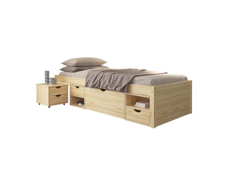 Kiefernbett mit Schubladen und passendem Nachttisch.