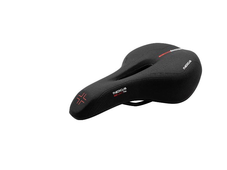 Schwarzer Fahrradsattel mit roten Akzenten und ergonomischem Design.