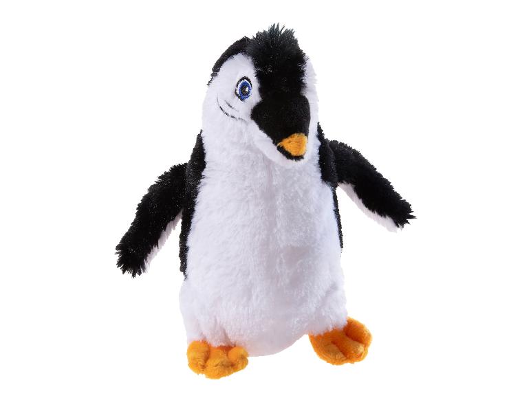 Schwarz-weißes Pinguin-Plüschtier mit orangefarbenem Schnabel und Füßen.