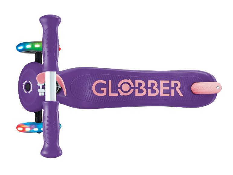 Lila Kinderroller mit leuchtenden Rädern und T-Lenker.