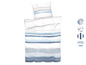 Bettwäsche mit blau-weißem Streifendesign.