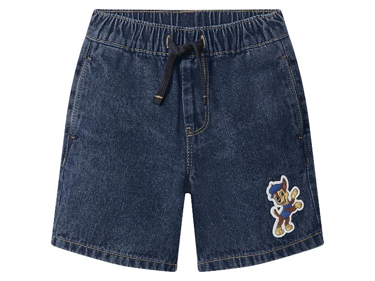 Dunkelblaue Jeans-Shorts mit elastischem Bund und Welpen-Aufdruck.