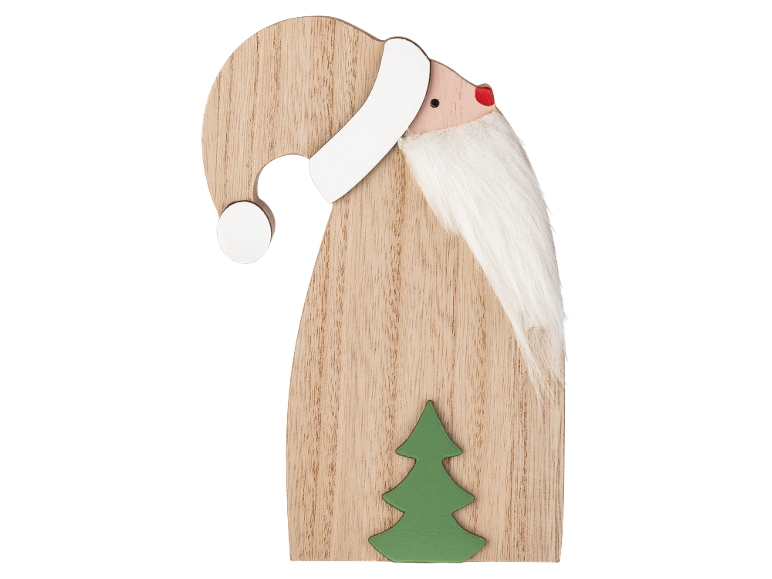 Hölzerne Weihnachtsdekoration in Form eines Weihnachtsmanns mit weißem Bart und kleinem grünem Baum.